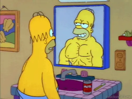 after a workout Homer Simpson looking himself at the mirror